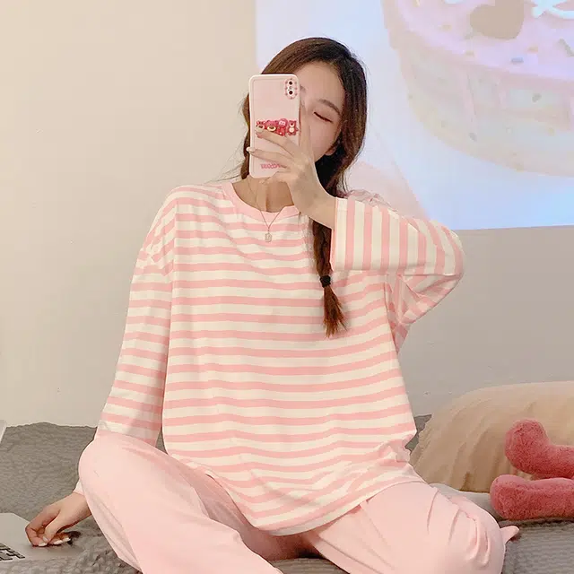 顶瓜瓜 圆领条纹设计简约舒适可外穿家居服睡衣套装 女款