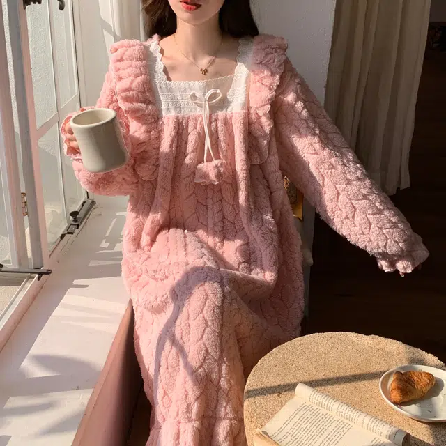 顶瓜瓜 珊瑚绒保暖加绒加厚公主风简约纯色长袖休闲家居服睡裙 女款