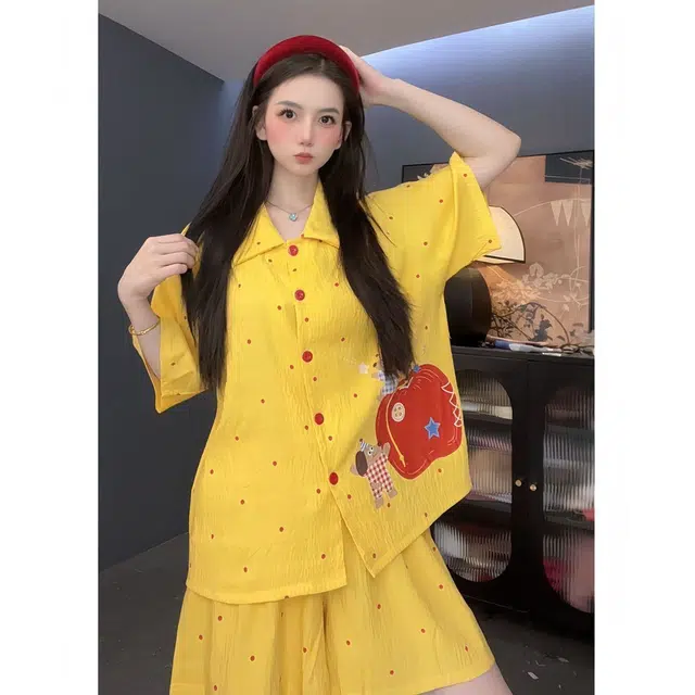 顶瓜瓜 透气舒适简约设计可爱卡通苹果家居服睡衣套装 女款