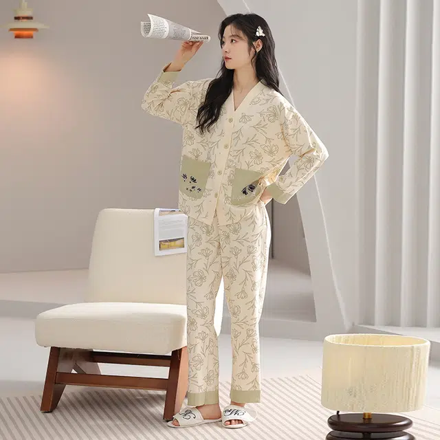 顶瓜瓜 居家舒适休闲简约风长袖长裤家居服睡衣套装 女款