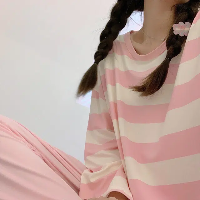 顶瓜瓜 圆领条纹图案简约舒适可外穿家居服睡衣套装 女款
