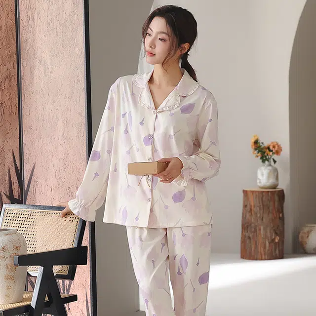顶瓜瓜 国风长袖长裤休闲舒适花瓣家居服睡衣套装 女款