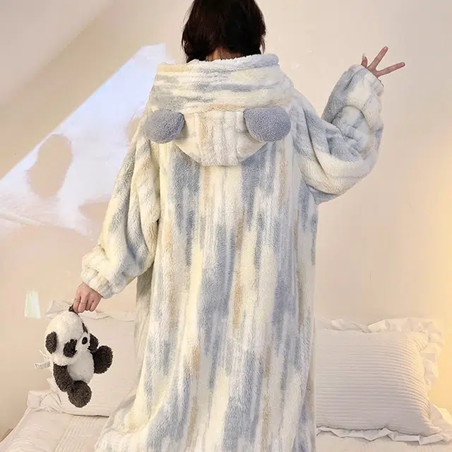 顶瓜瓜 珊瑚绒保暖加绒加厚长袖长裤连帽纯色条纹熊猫家居服冬季睡衣套装 女款