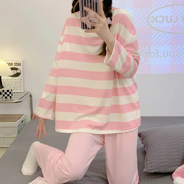 顶瓜瓜 圆领条纹图案简约舒适可外穿家居服睡衣套装 女款