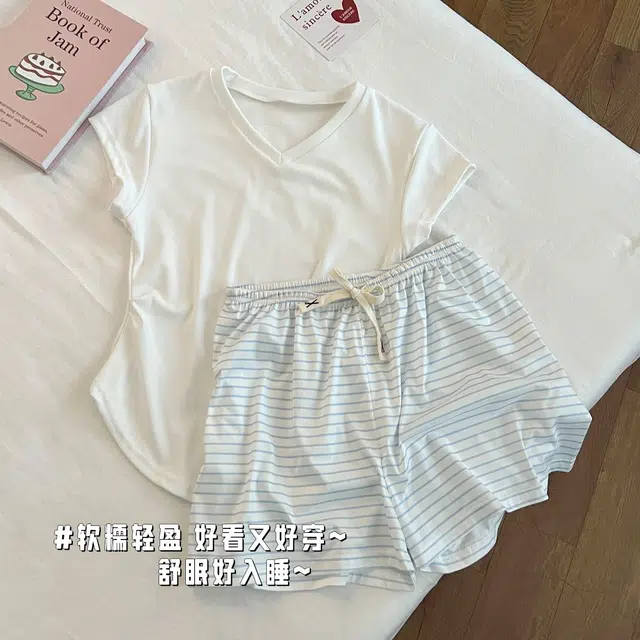 顶瓜瓜 夏季女透气简约休闲设计亲肤舒适面料宽松家居服睡衣套装 女款