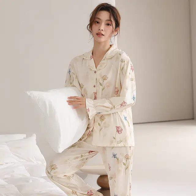 顶瓜瓜 国风长袖长裤休闲舒适花边家居服睡衣套装 女款