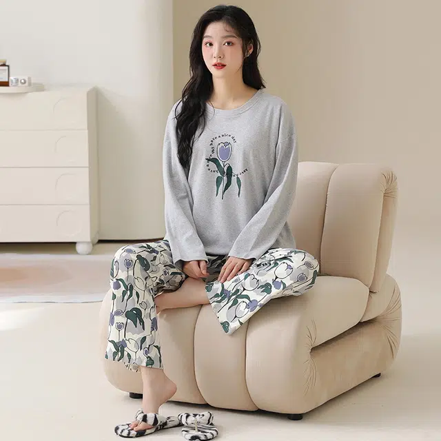 顶瓜瓜 简约舒适带胸垫纯棉面料可外穿家居服睡衣套装 女款