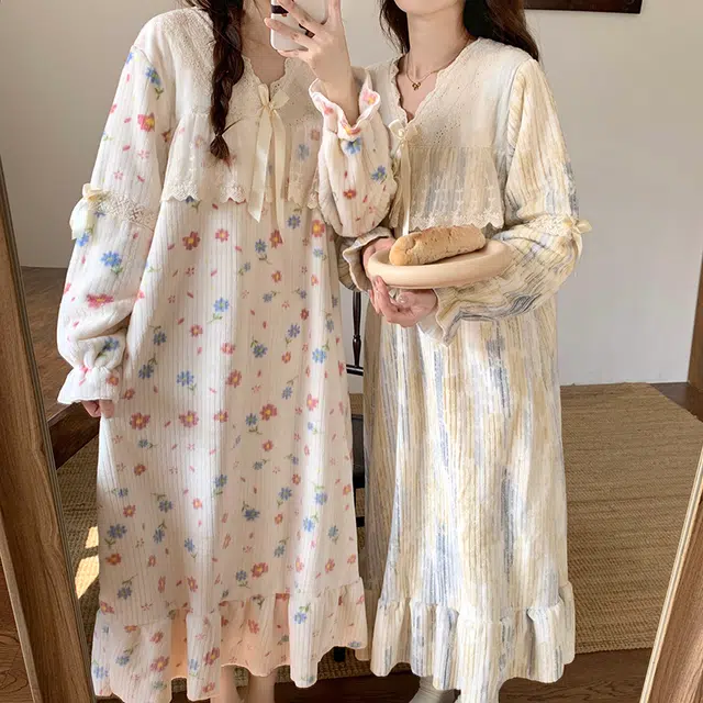 顶瓜瓜 珊瑚绒保暖加绒加厚公主风碎花满印长袖休闲家居服睡裙 女款