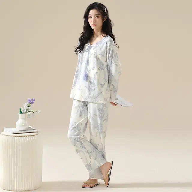 顶瓜瓜 居家舒适休闲简约风长袖复古家居服睡衣套装 女款