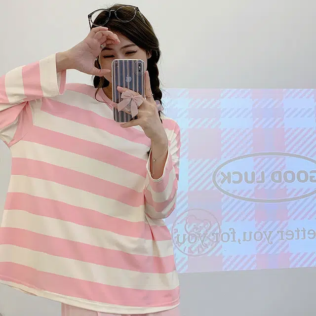 顶瓜瓜 圆领条纹图案简约舒适可外穿家居服睡衣套装 女款