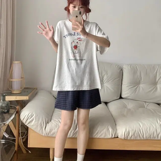 顶瓜瓜 云朵棉短袖短裤圆领套头简约甜美兔子格子家居服夏季睡衣礼盒 女款