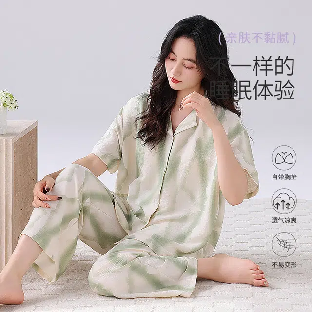 顶瓜瓜 云朵棉带胸垫短袖长裤翻领开衫小清新两件套家居服夏季 睡衣套装 女款