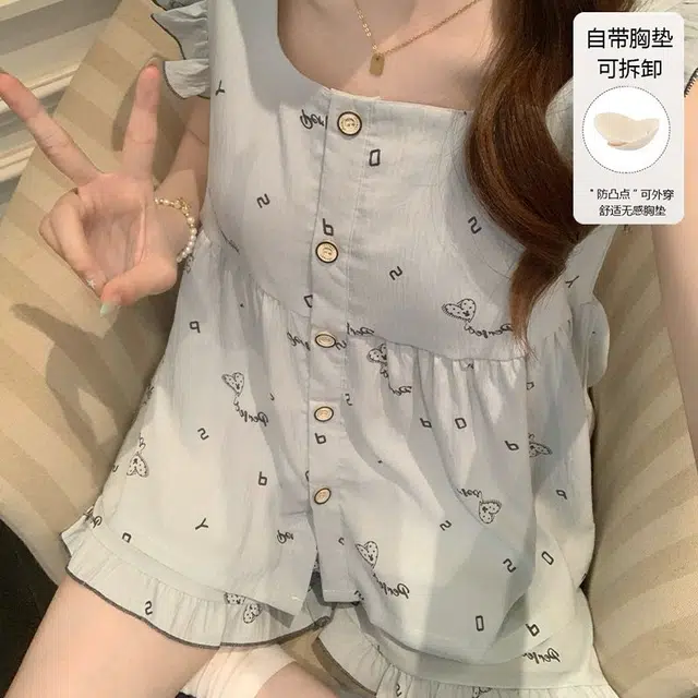 顶瓜瓜 带胸垫夏季女舒适宽松家居服睡衣套装 女款