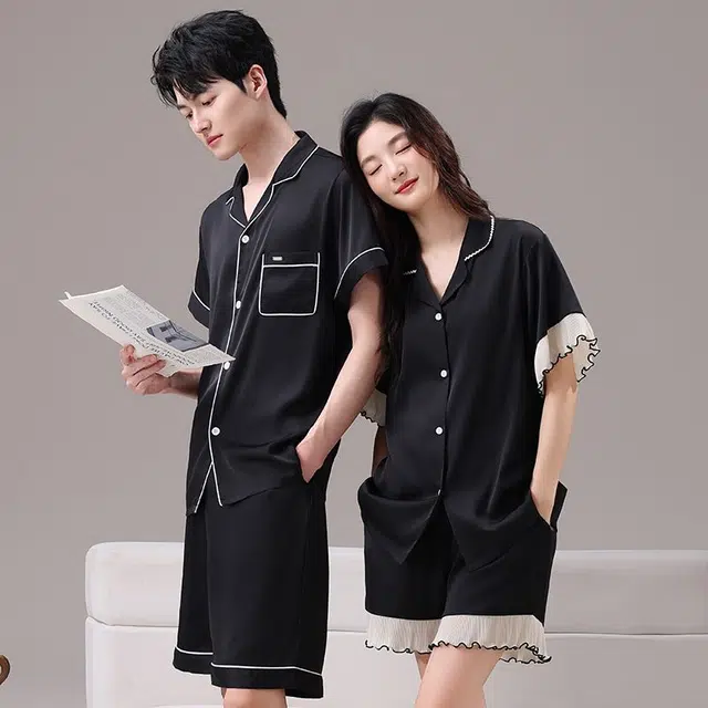 顶瓜瓜 冰丝短裤翻领开衫纯色可外穿简约情侣家居服夏季睡衣礼盒 男女同款
