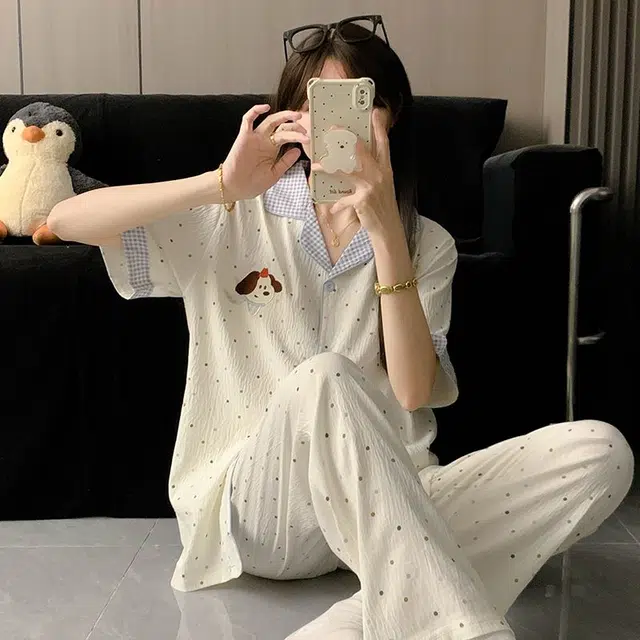 顶瓜瓜 夏季女透气舒适简约休闲可爱卡通家居服睡衣套装 女款