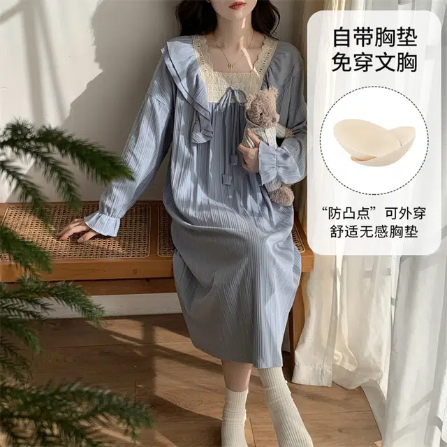 顶瓜瓜 带胸垫家居亲肤简约透气舒适长袖方领服睡裙 女款