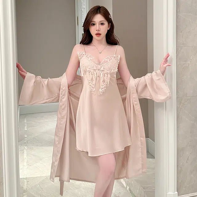 顶瓜瓜 粉色冰丝面料带胸垫简约舒适可外穿家居服睡衣套装 女款