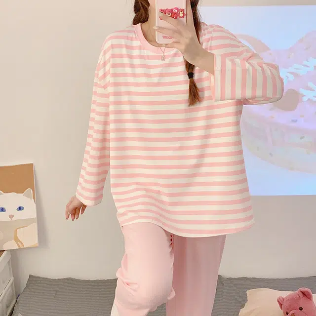 顶瓜瓜 圆领条纹设计简约舒适可外穿家居服睡衣套装 女款
