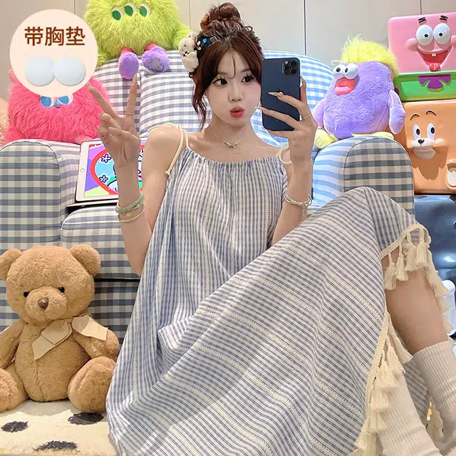 顶瓜瓜 带胸垫性感无袖吊带条纹休闲家居服睡裙 女款 图片色