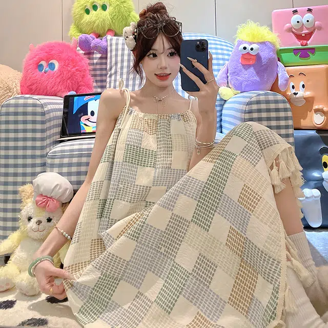 顶瓜瓜 不可拆卸胸垫性感吊带无袖格子条纹休闲家居服睡裙 女款 图片色