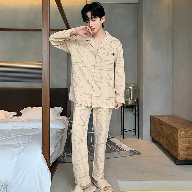 顶瓜瓜 简约风格翻领设计开衫舒适轻松可外穿家居服长袖长裤睡衣套装 男款