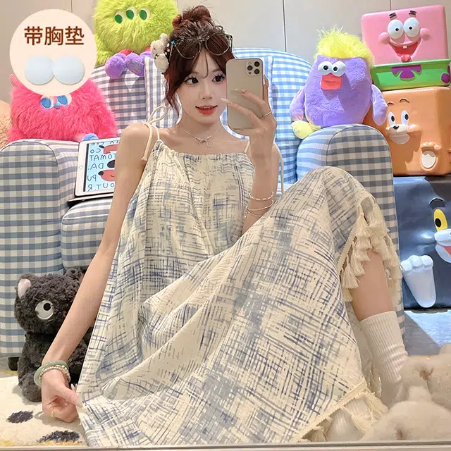 顶瓜瓜 不可拆卸胸垫性感吊带无袖渐变条纹休闲家居服睡裙 女款 图片色