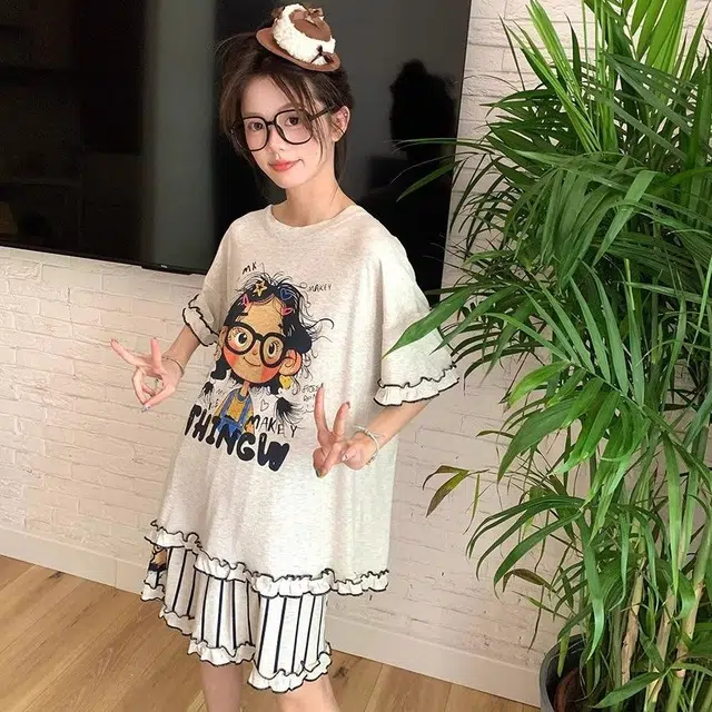 顶瓜瓜 棉质短袖短裤圆领套头可爱卡通条纹眼镜女孩休闲家居服夏季睡衣礼盒 女款