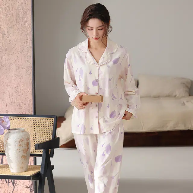 顶瓜瓜 国风长袖长裤休闲舒适花瓣家居服睡衣套装 女款