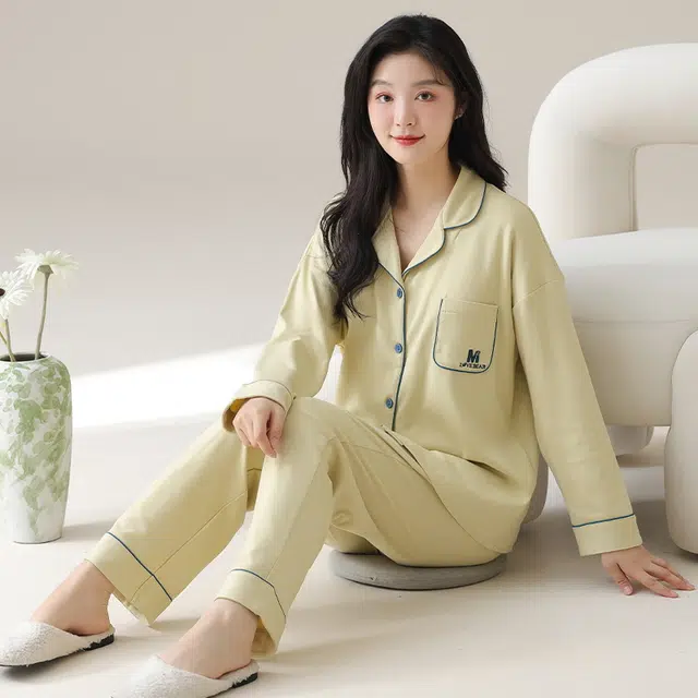 顶瓜瓜 简约舒适亲肤时尚透气休闲居家翻领睡衣套装 女款