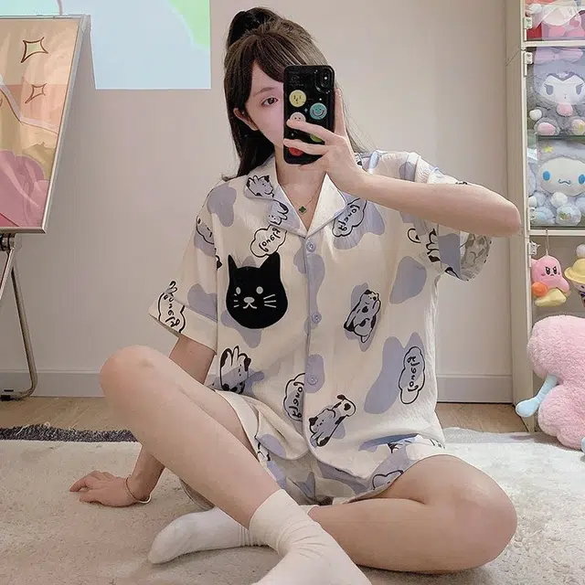 顶瓜瓜 短袖短裤翻领开衫可爱卡通小猫色块两件套家居服夏季睡衣套装 女款