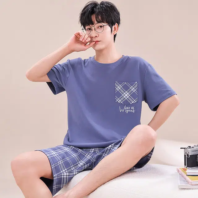 顶瓜瓜 简约舒适短袖可外穿家居服五分裤睡衣套装 男款