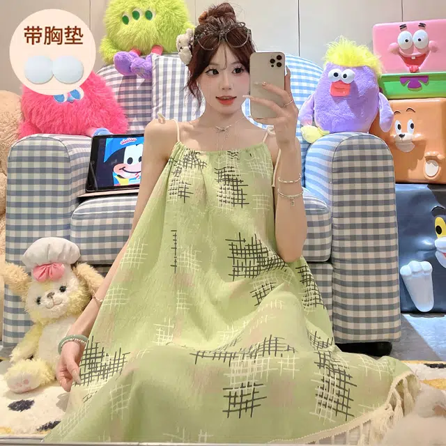 顶瓜瓜 不可拆卸胸垫性感吊带无袖小清新条纹休闲家居服睡裙 女款 图片色