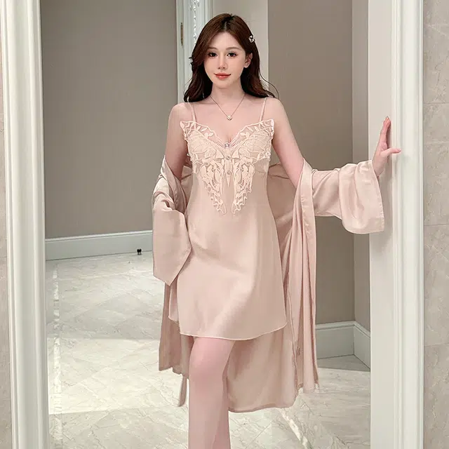 顶瓜瓜 粉色冰丝面料带胸垫简约舒适可外穿家居服睡衣套装 女款
