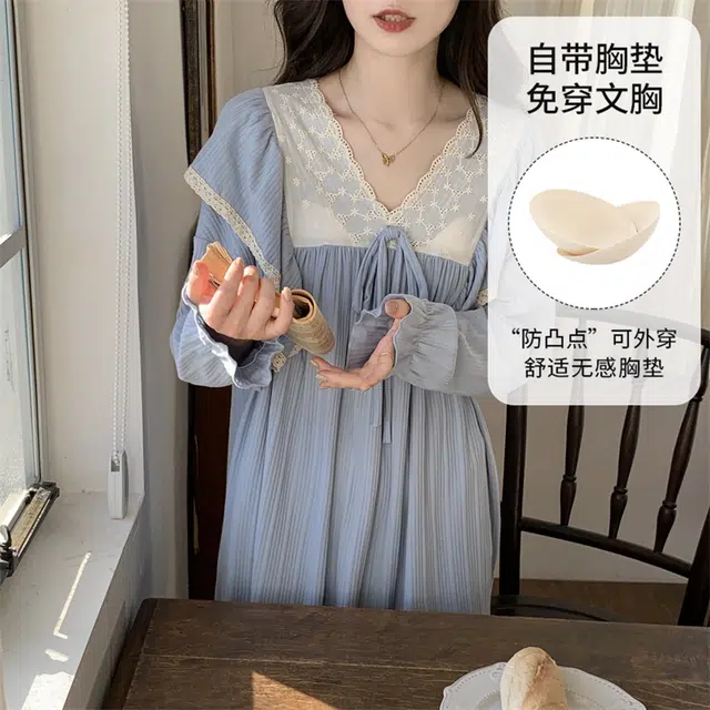 顶瓜瓜 带胸垫家居简约透气舒适长袖服睡裙 女款