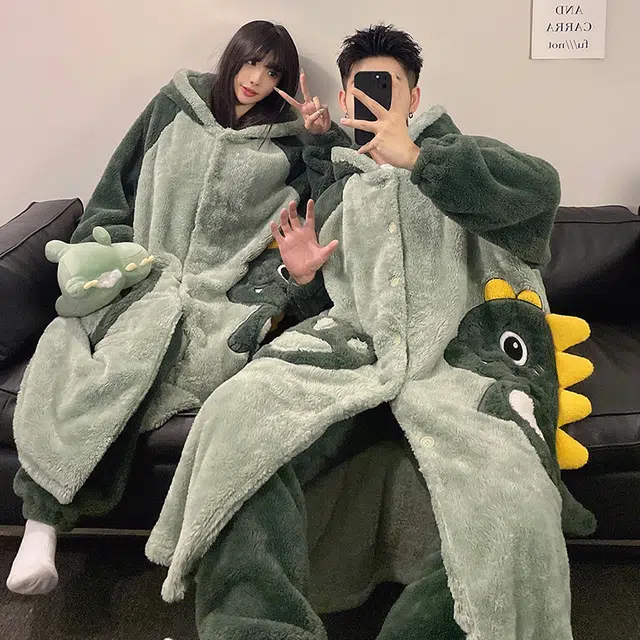 顶瓜瓜 冬季可爱恐龙时尚甜美风珊瑚绒加绒加厚保暖连帽休闲舒适家居服睡衣套装 男女同款