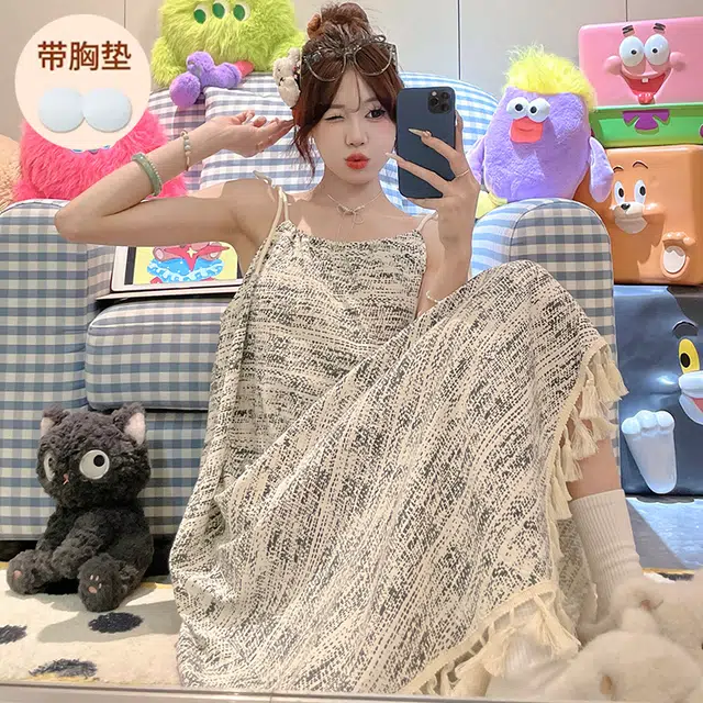 顶瓜瓜 不可拆卸胸垫性感吊带无袖条纹休闲家居服睡裙 女款 图片色