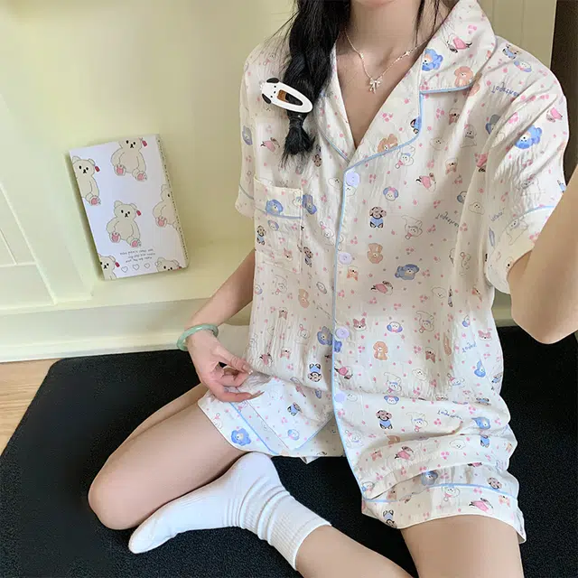 顶瓜瓜 云朵棉短袖短裤翻领开衫可爱卡通小狗休闲家居服夏季睡衣套装 女款