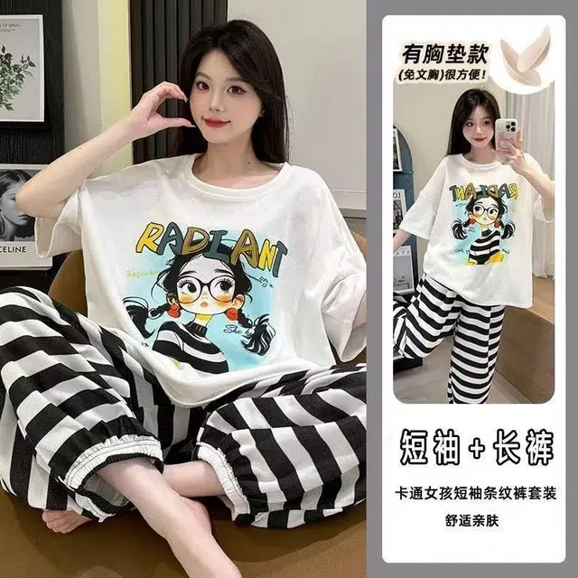 顶瓜瓜 棉质短袖长裤圆领套头可爱卡通女孩条纹休闲家居服夏季睡衣礼盒 女款