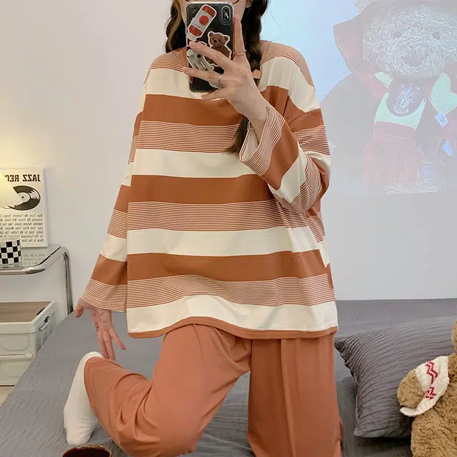 顶瓜瓜 条纹图案渐变圆领设计简约舒适可外穿家居睡衣套装 女款