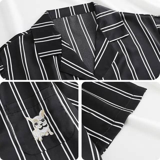 顶瓜瓜 冰丝短袖短裤翻领开衫卡通法斗犬条纹休闲凉感情侣家居夏季睡衣礼盒 男女同款