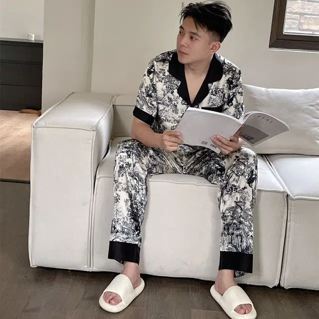 顶瓜瓜 棉质短袖长裤翻领开衫国风休闲情侣家居服夏季睡衣礼盒 男女同款