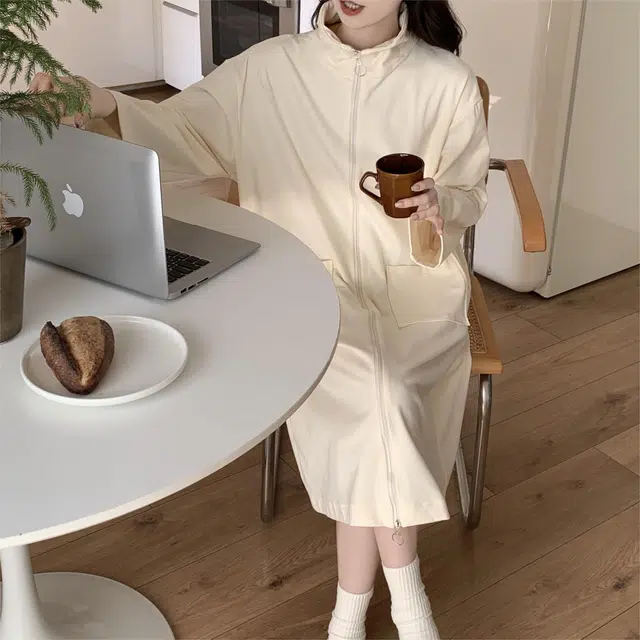 顶瓜瓜 德绒长袖长裙圆领拉链纯色可外穿家居服秋冬季睡裙 女款