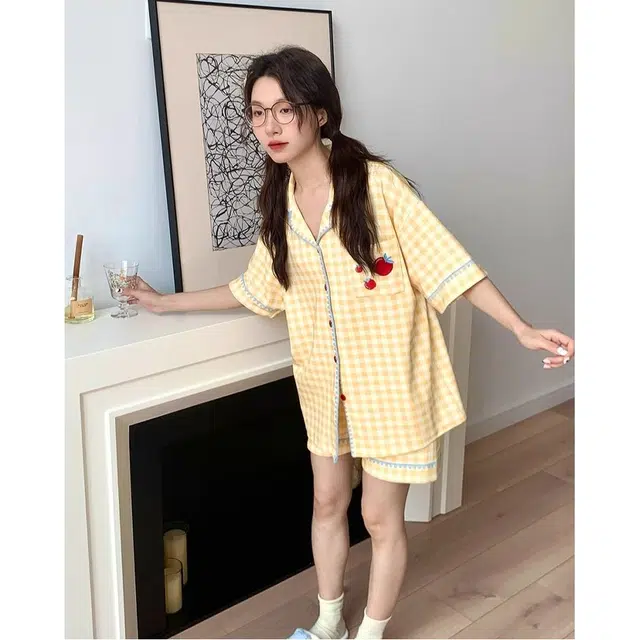 顶瓜瓜 格子透气舒适休闲可爱短袖家居服睡衣套装 女款