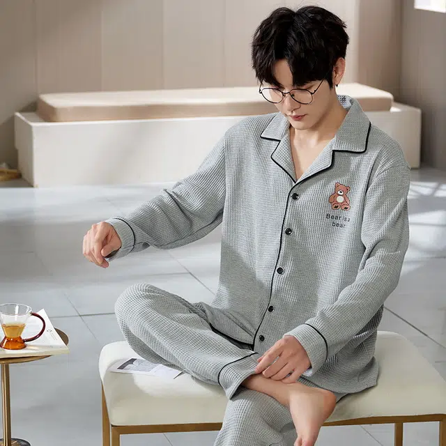 顶瓜瓜 带可爱小熊图案华夫格舒适亲肤透气可外穿家居服睡衣套装 男女同款