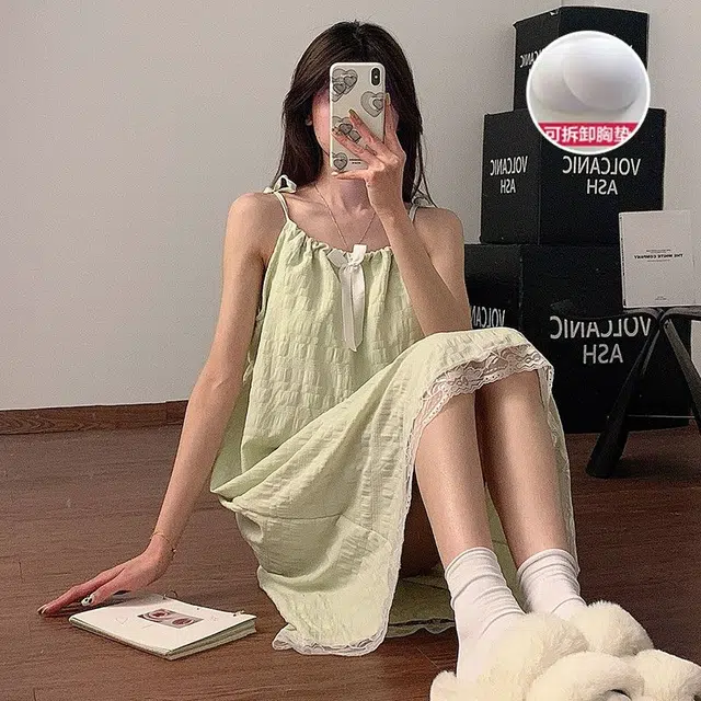 顶瓜瓜 带胸垫可拆卸性感无袖吊带中长裙绿色甜美可爱小清新纯色蝴蝶结蕾丝花边家居服睡裙 女款