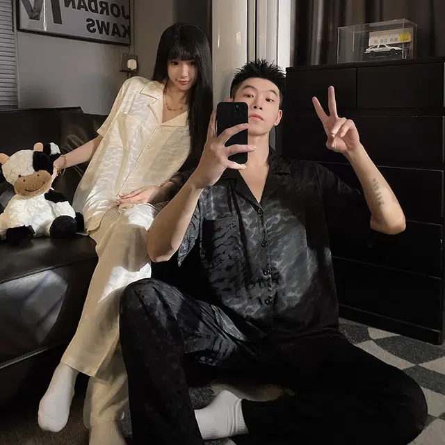 顶瓜瓜 家居简约波浪纹开衫翻领短袖服睡衣礼盒 男女同款