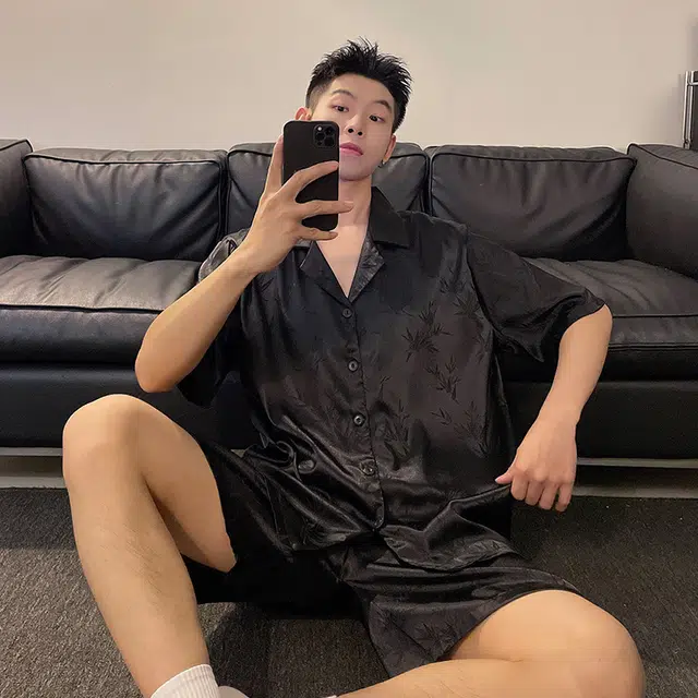 顶瓜瓜 家居男透气竹叶图案轻便简约设计服睡衣套装 男款