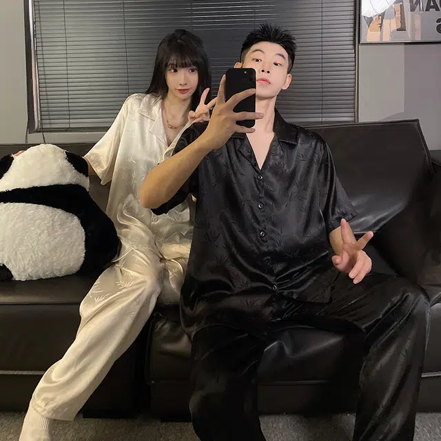 顶瓜瓜 夏季情侣清晰简约叶子印花家居服睡衣套装 男女同款