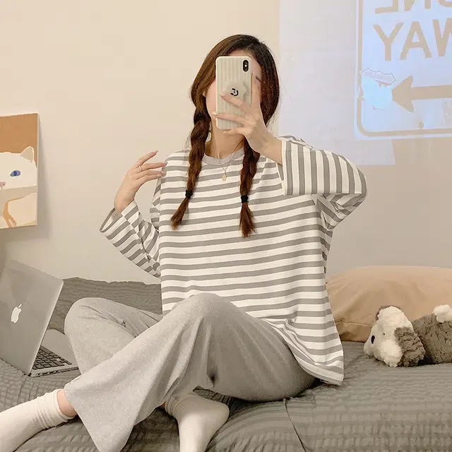 顶瓜瓜 圆领条纹图案设计简约舒适可外穿家居服睡衣套装 女款
