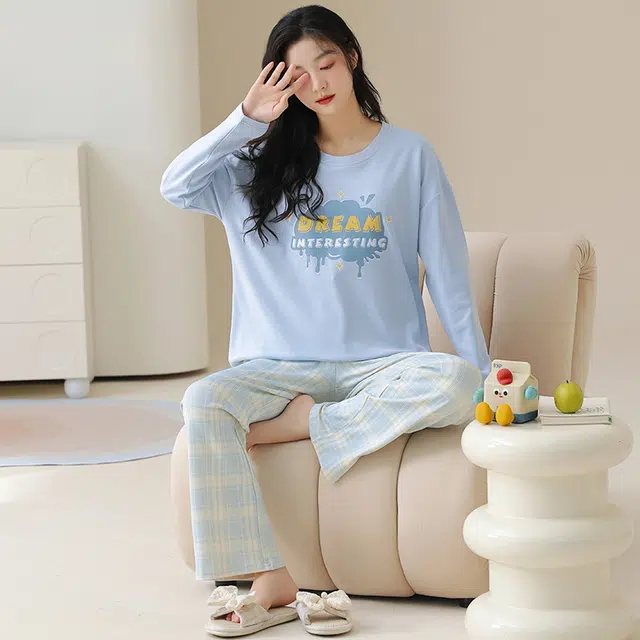 顶瓜瓜 带胸垫简约舒适纯棉可外穿家居服长袖长裤睡衣套装 女款